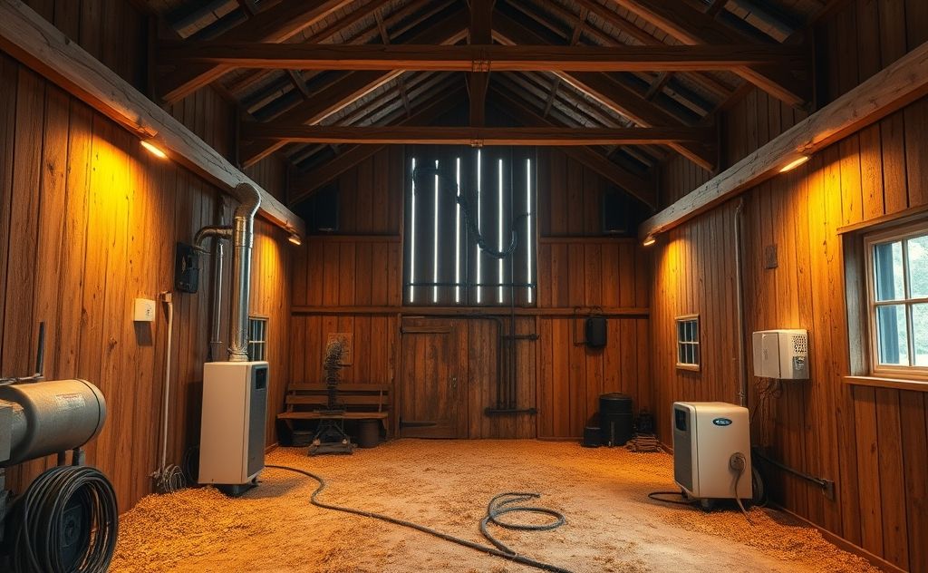 A cozy barn interior with efficient heating systems and warm lighting.