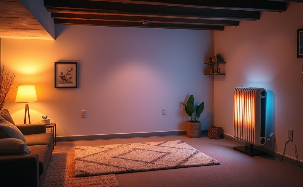 A cozy basement with a modern heater and warm lighting.