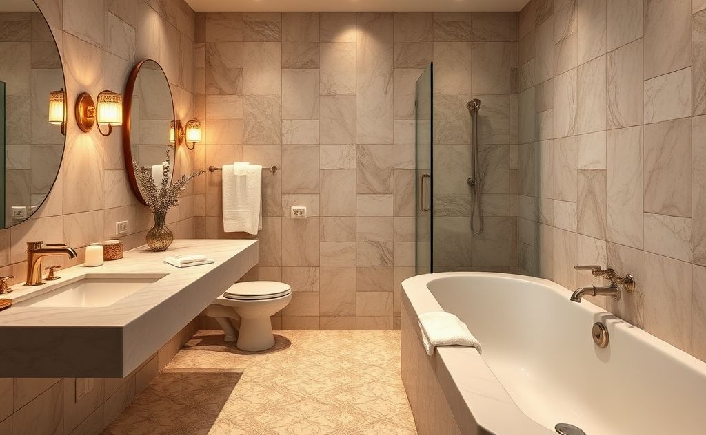A cozy bathroom with heated floors and elegant tiles.