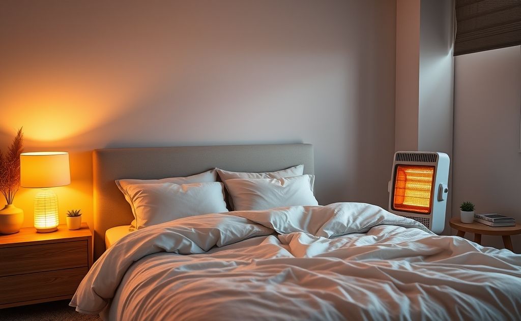 A cozy bedroom with a modern space heater glowing warmly.