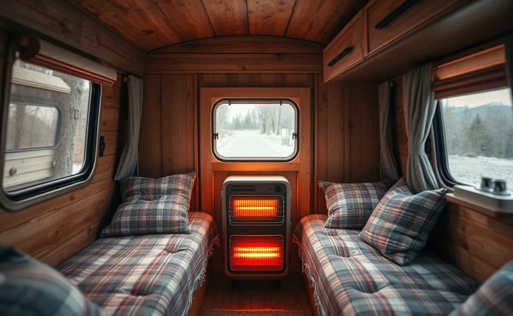 A cozy camper interior with an electric space heater glowing warmly.