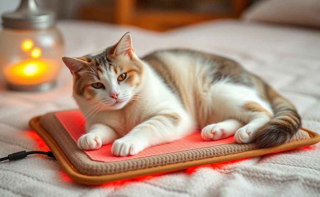 A cozy cat heating pad set to a comfortable warm temperature.
