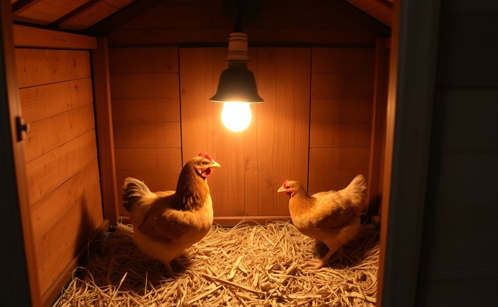 A cozy chicken coop with a heat lamp glowing warmly inside.