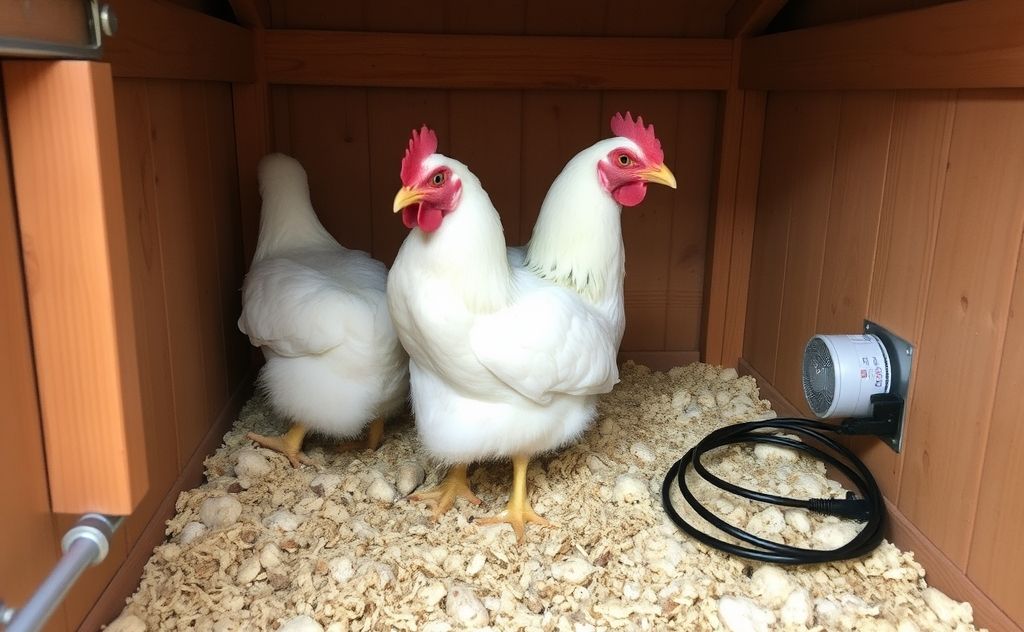 A cozy chicken coop with a safe heating system and bedding.