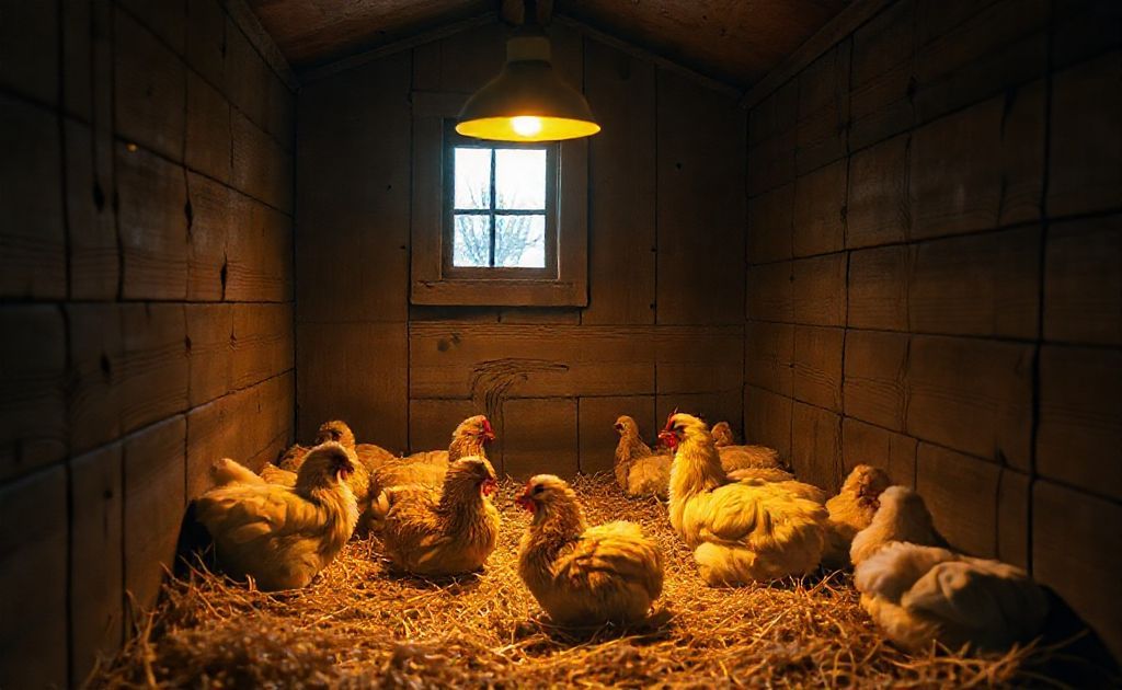 A cozy chicken coop with a warm, glowing heat lamp inside.