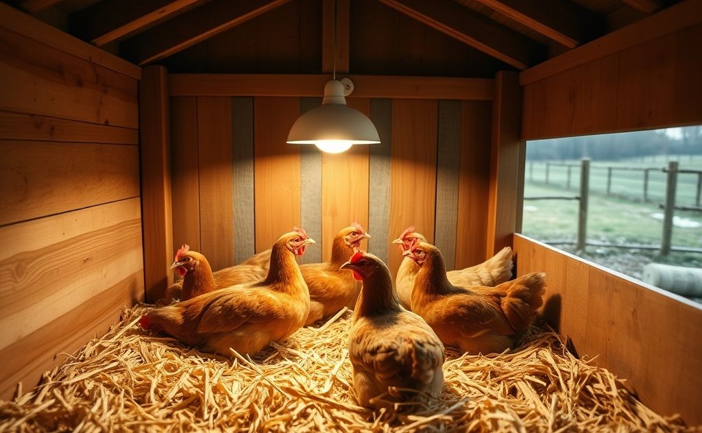 A cozy chicken coop with safe heating options like a heat lamp.