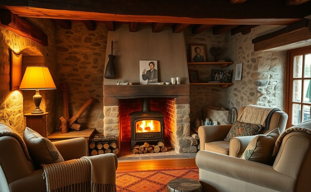 A cozy fireplace emitting warm flames in a rustic living room.