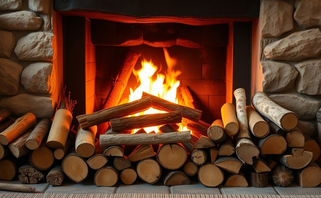 A cozy fireplace surrounded by various types of firewood.