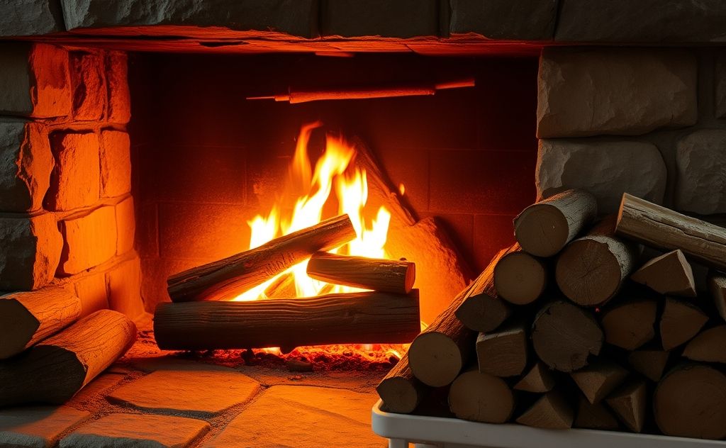 A cozy fireplace with logs of different wood types stacked nearby.