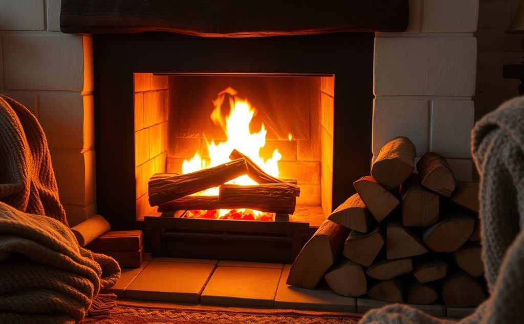 A cozy fireplace with stacked logs of hardwood beside it.