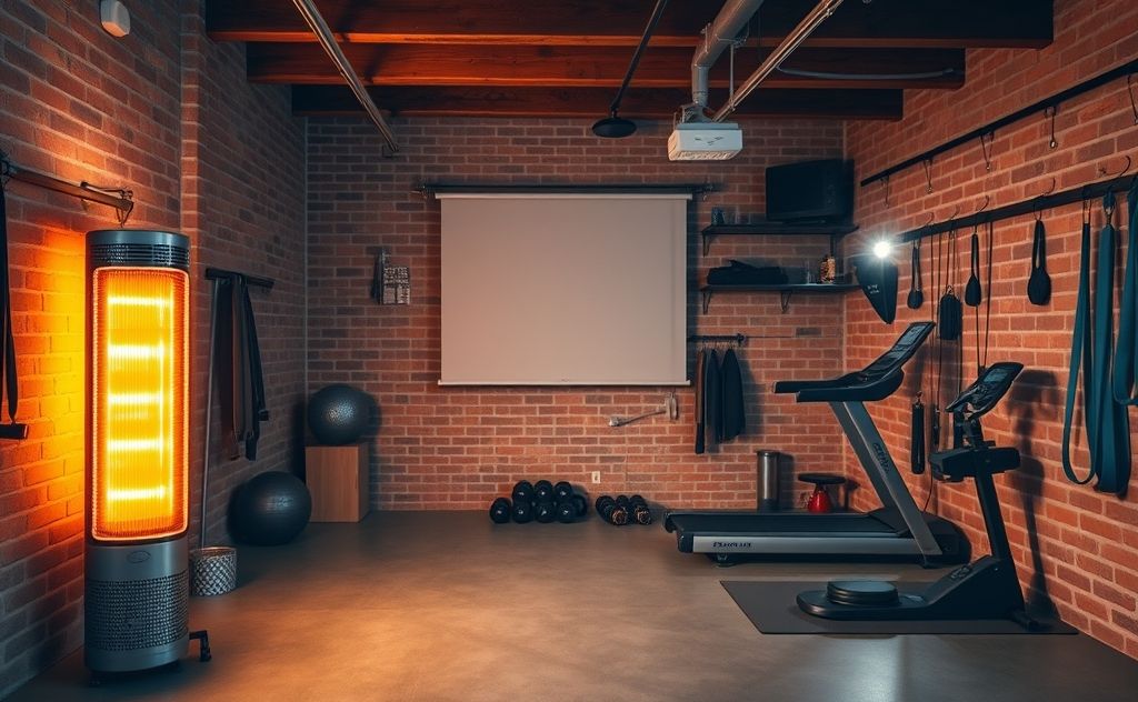 A cozy garage gym with a space heater and exercise equipment.