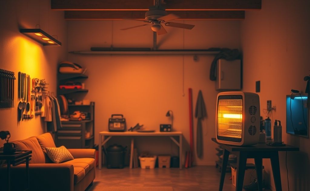 A cozy garage with a budget-friendly electric heater in use.