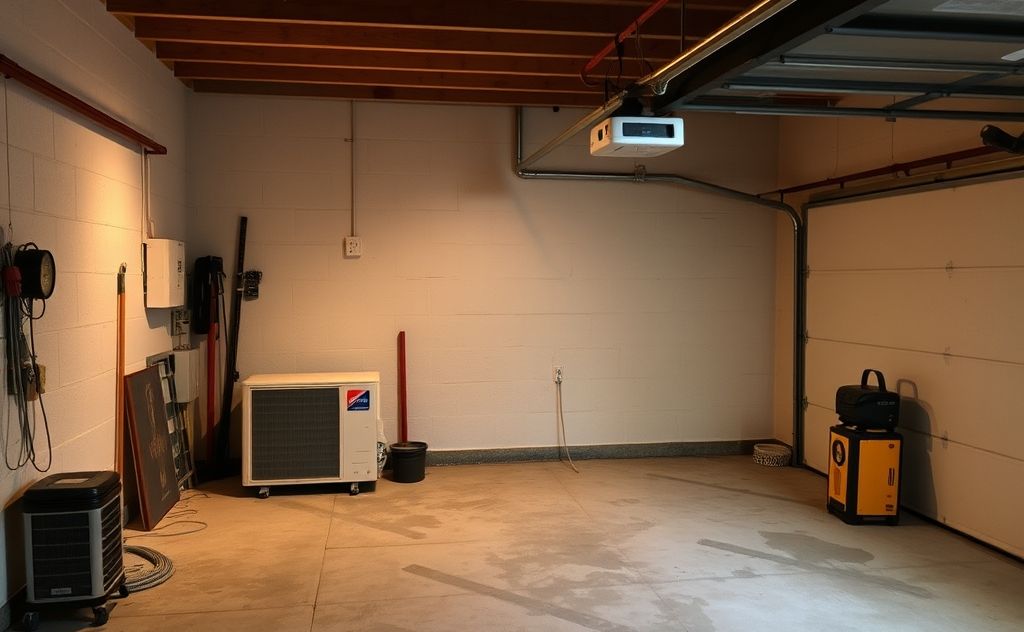A cozy garage with a heating unit and warm lighting.