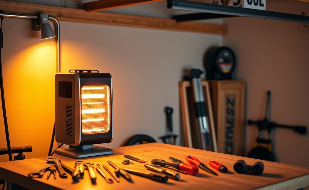 A cozy garage with a modern electric heater and tools nearby.