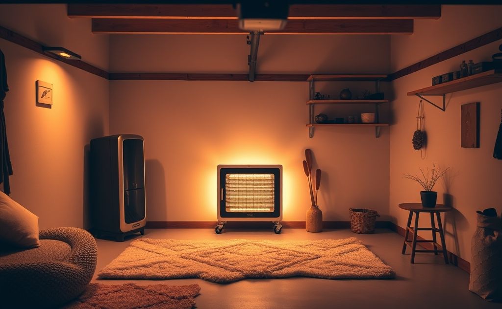 A cozy garage with a modern heater and warm ambiance.
