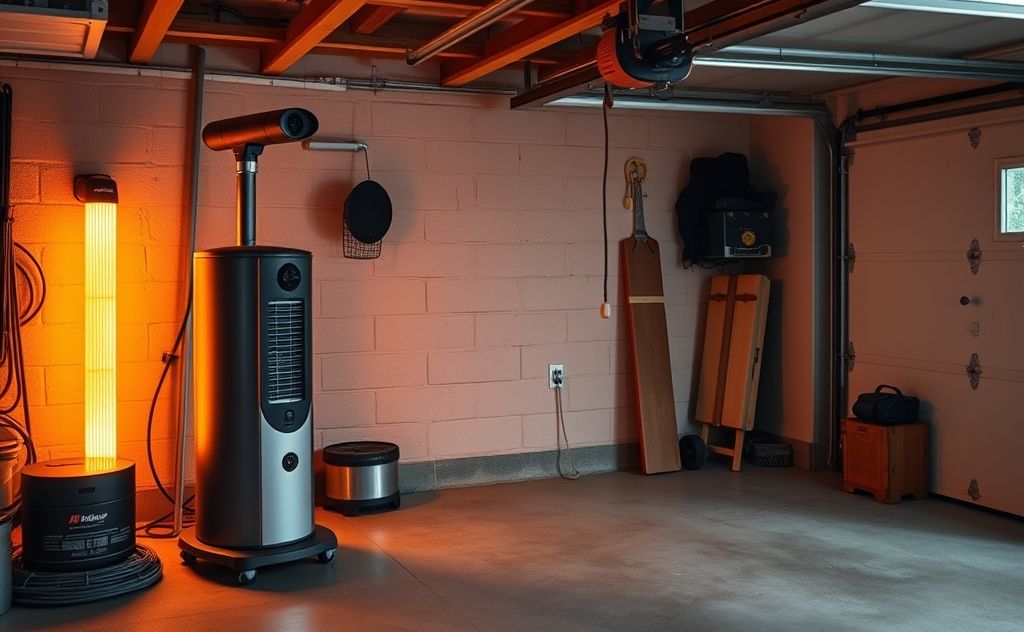 A cozy garage with a modern heater and warm lighting.