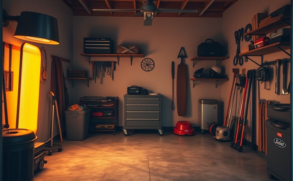 A cozy garage with an efficient space heater warming the area.