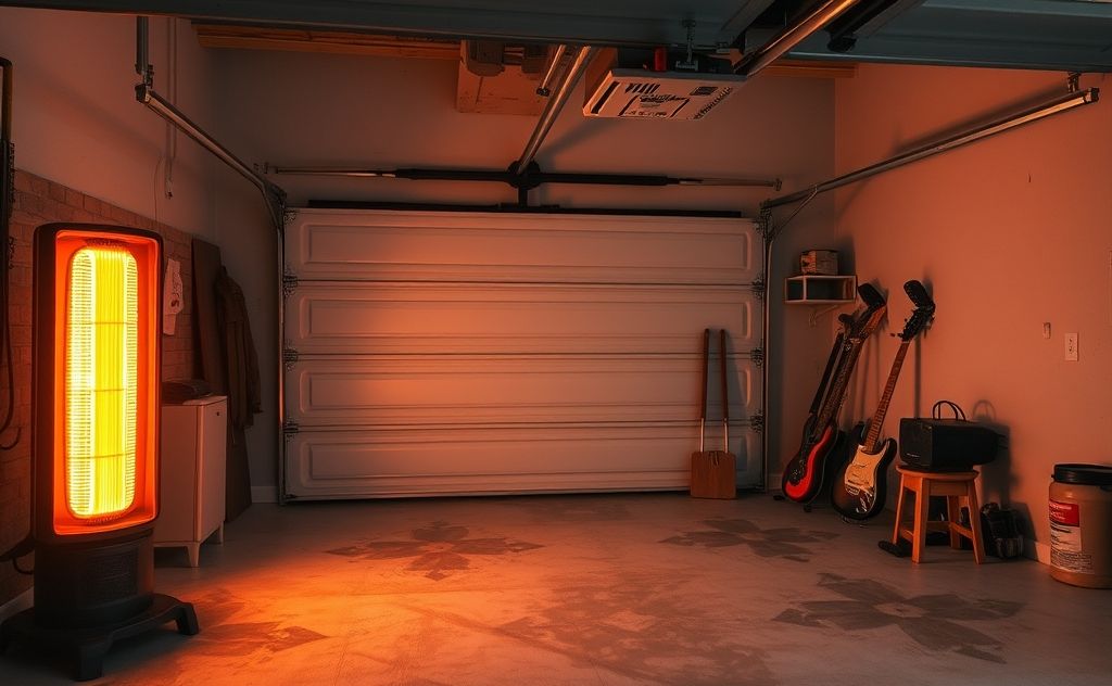 A cozy garage with an infrared heater warming the space.