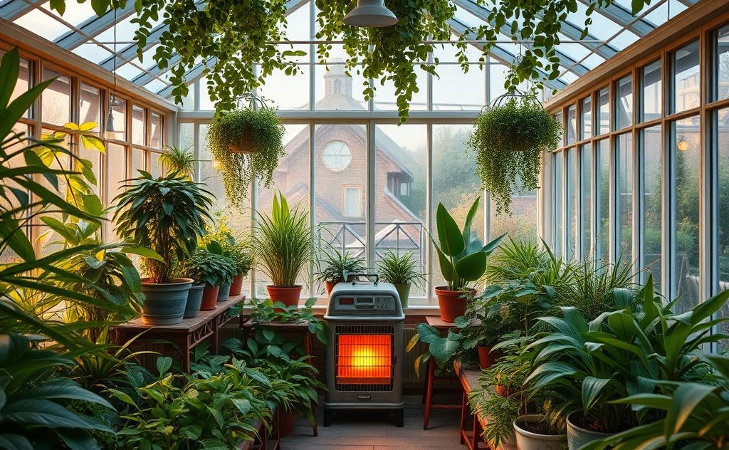 A cozy greenhouse filled with plants and a warm glowing heater.