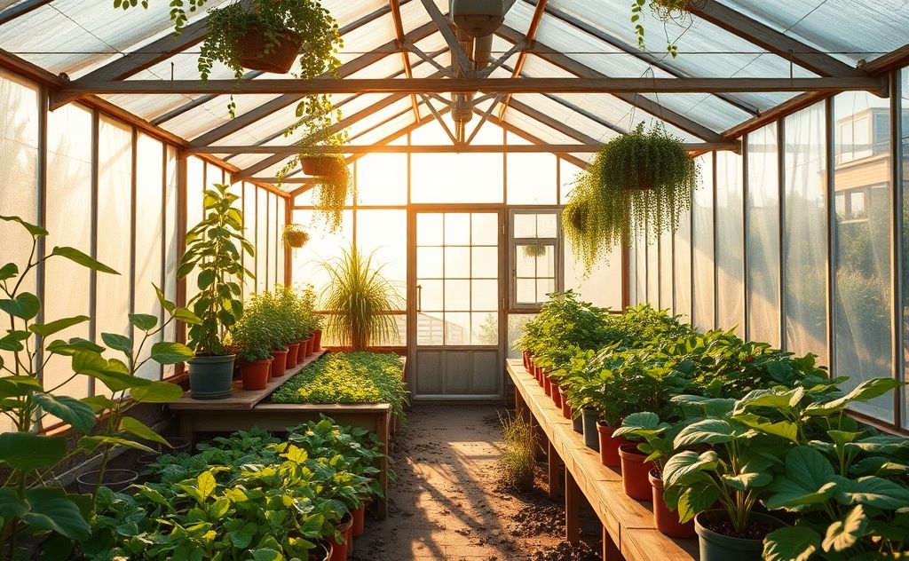 A cozy greenhouse filled with thriving plants and warm sunlight.