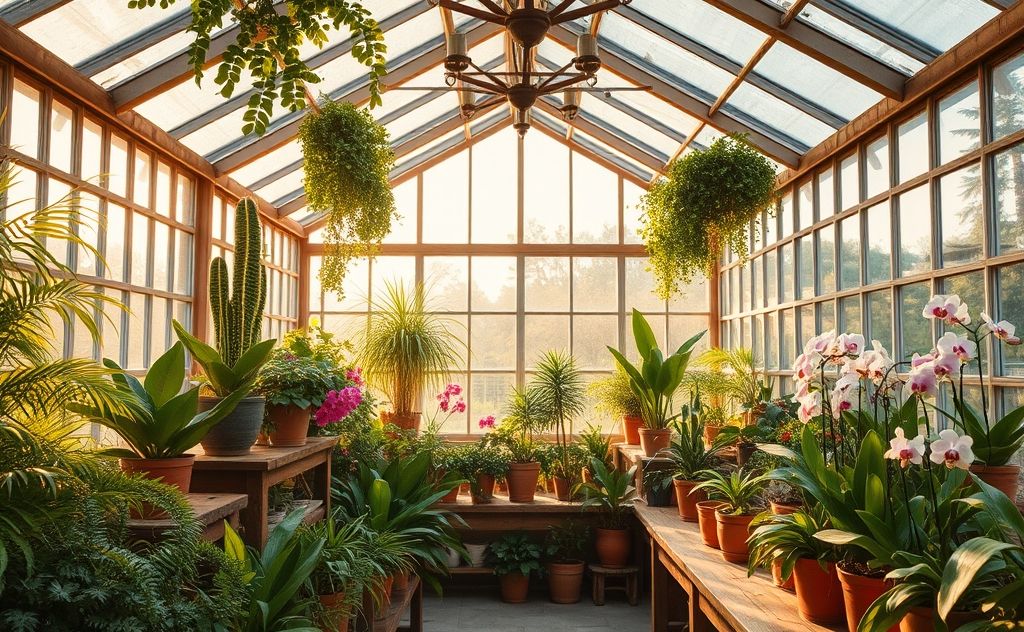 A cozy greenhouse filled with vibrant plants and a warm glow.