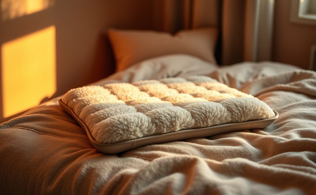 A cozy heating pad on a soft blanket in a warm room setting