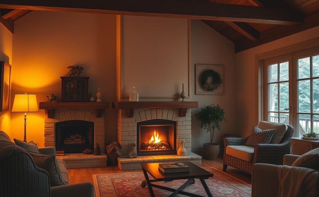 A cozy home interior with a glowing fireplace and warm lighting.