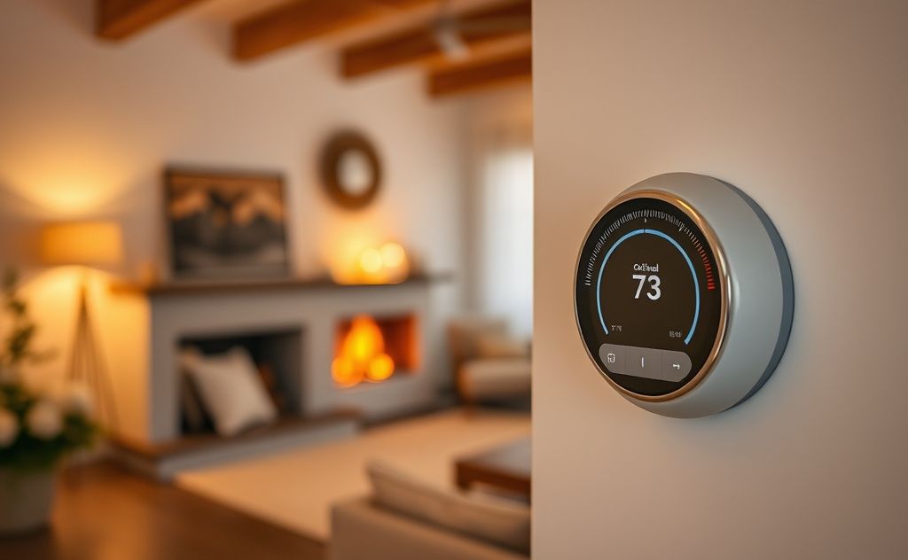 A cozy home interior with a thermostat displaying optimal heating settings