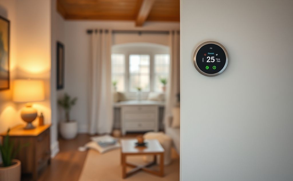 A cozy home interior with a thermostat set to a comfortable temperature.