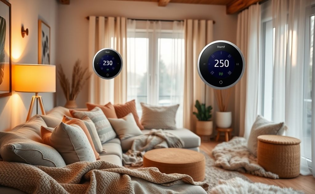 A cozy home interior with a thermostat set to a warm temperature.