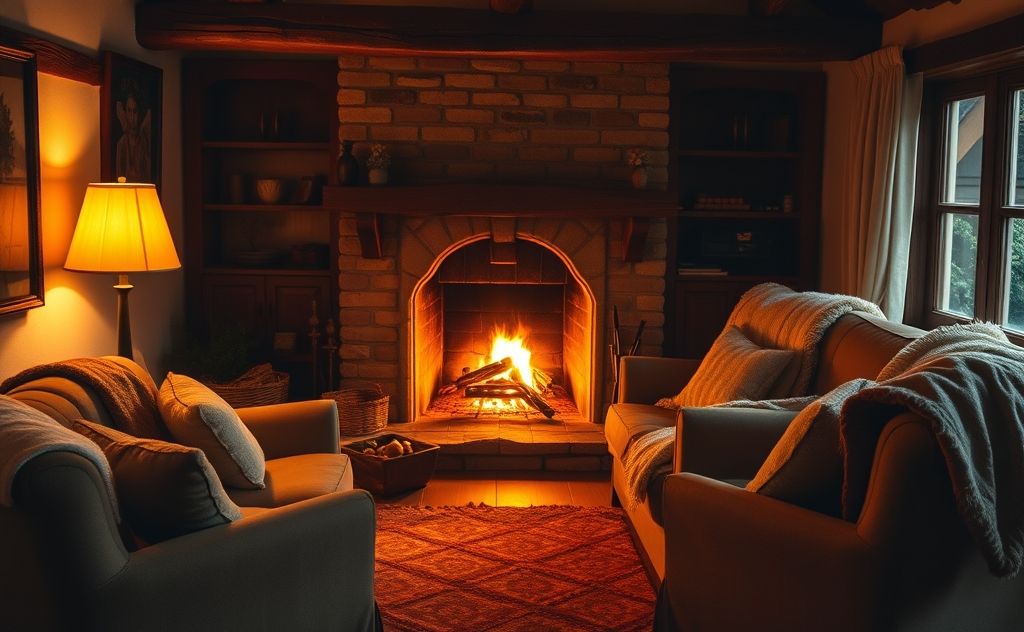A cozy home interior with a warm fireplace and glowing embers.