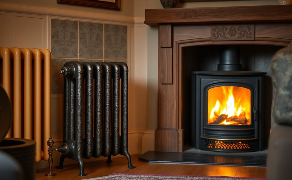 A cozy home interior with a warm radiator and a glowing fireplace.