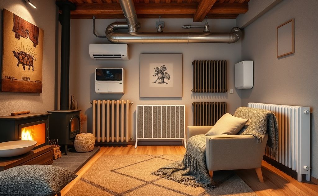A cozy home interior with various heating systems displayed.