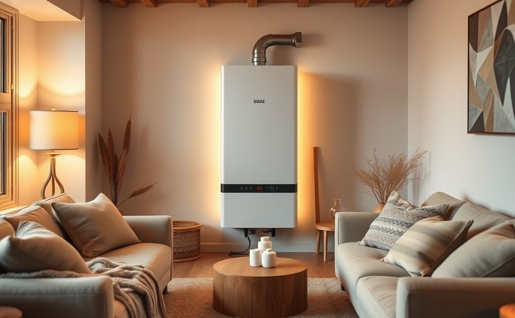 A cozy home setting with a modern hot water heater in focus.