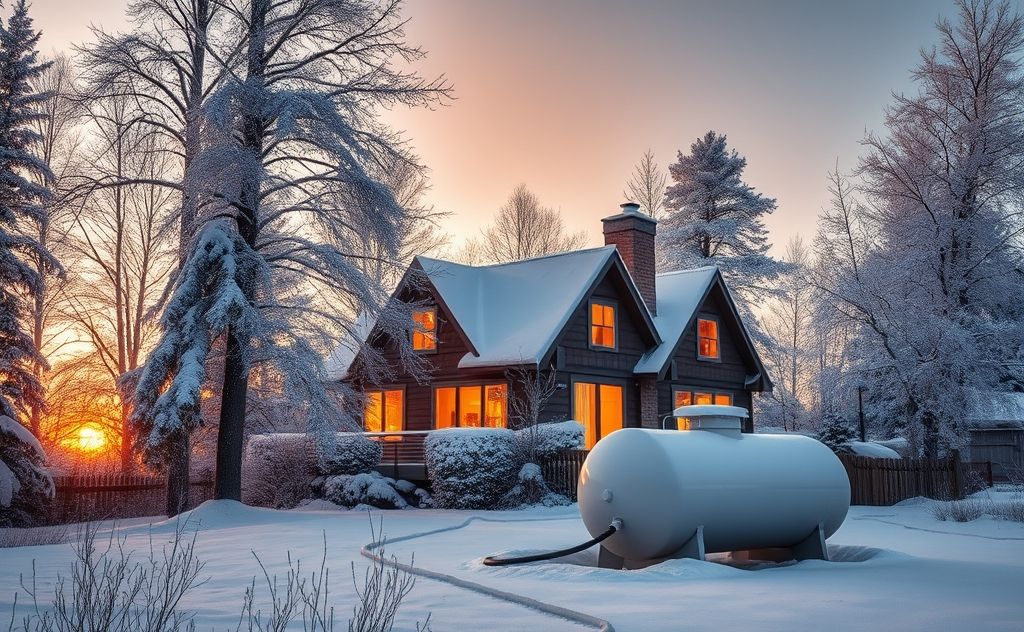 A cozy home with a full oil tank surrounded by winter scenery.