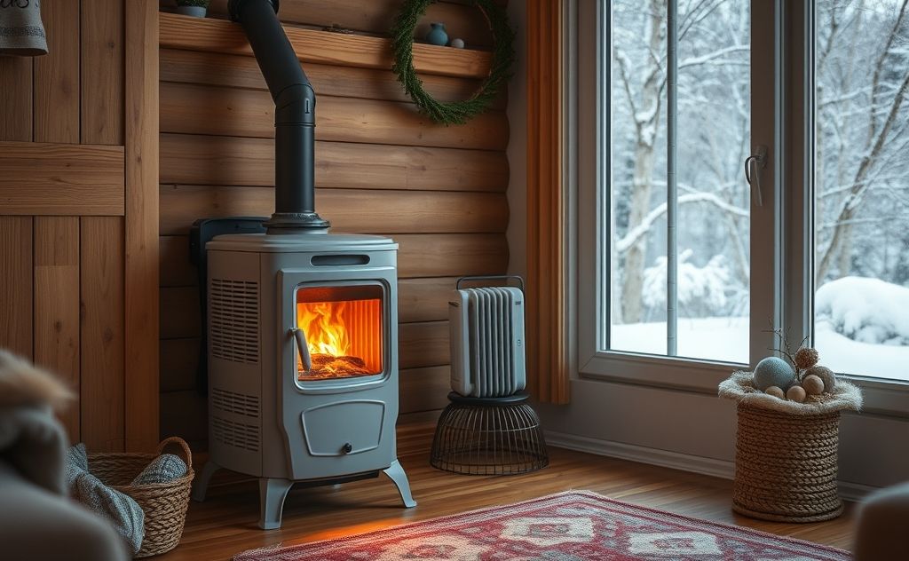 A cozy home with a functioning heater in a winter setting.
