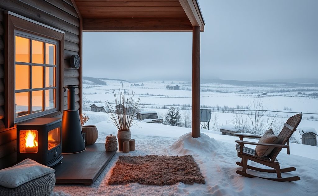 A cozy home with a glowing heater in a snowy Madras landscape.
