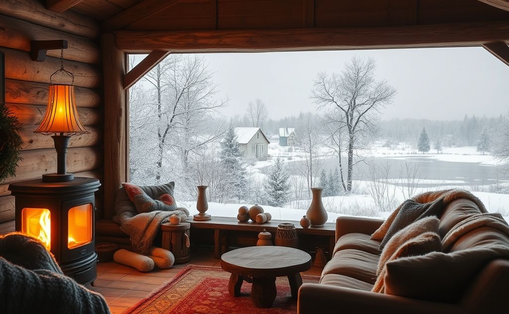 A cozy home with a glowing oil heater surrounded by winter scenery.