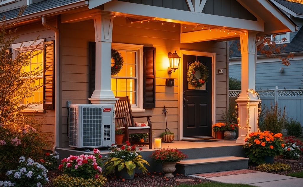 A cozy home with a heat pump and seasonal decorations outside.