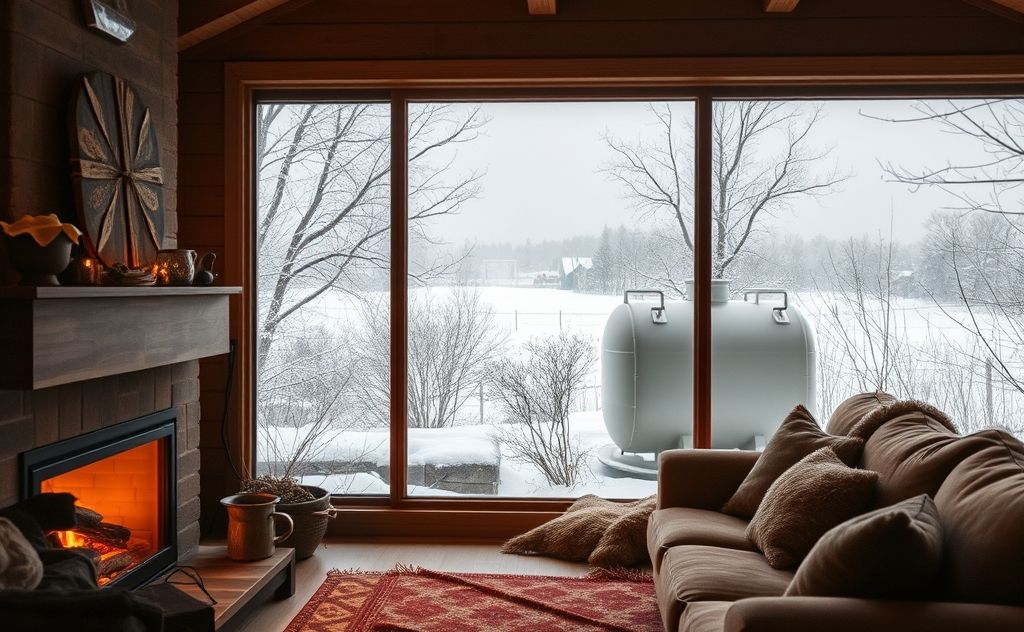 A cozy home with a heating oil tank and winter scenery outside.