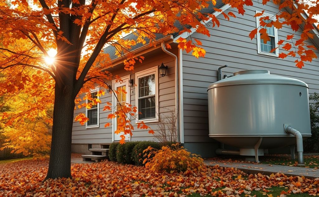 A cozy home with a heating oil tank surrounded by autumn leaves.