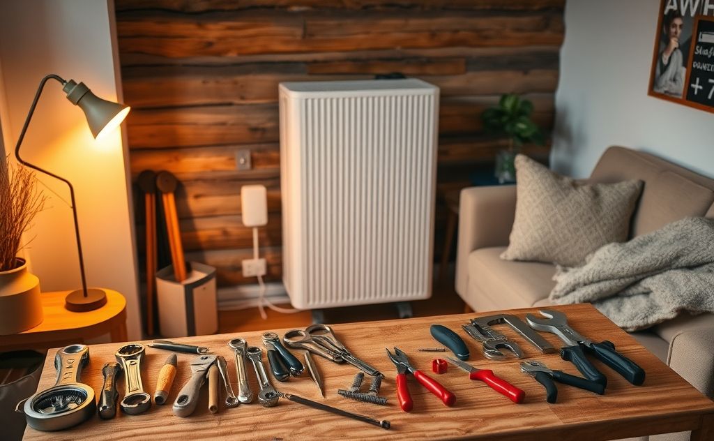 A cozy home with a heating system and tools for repair.