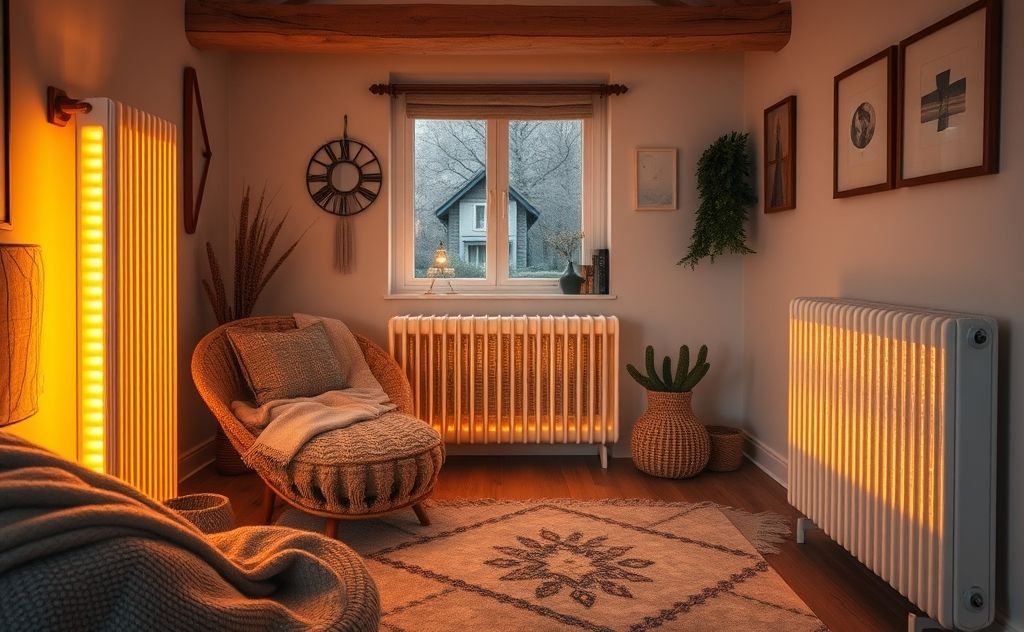 A cozy home with a heating system and warm, glowing radiators.