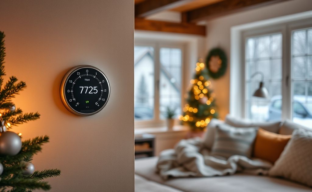 A cozy home with a thermostat set to a warm winter temperature.
