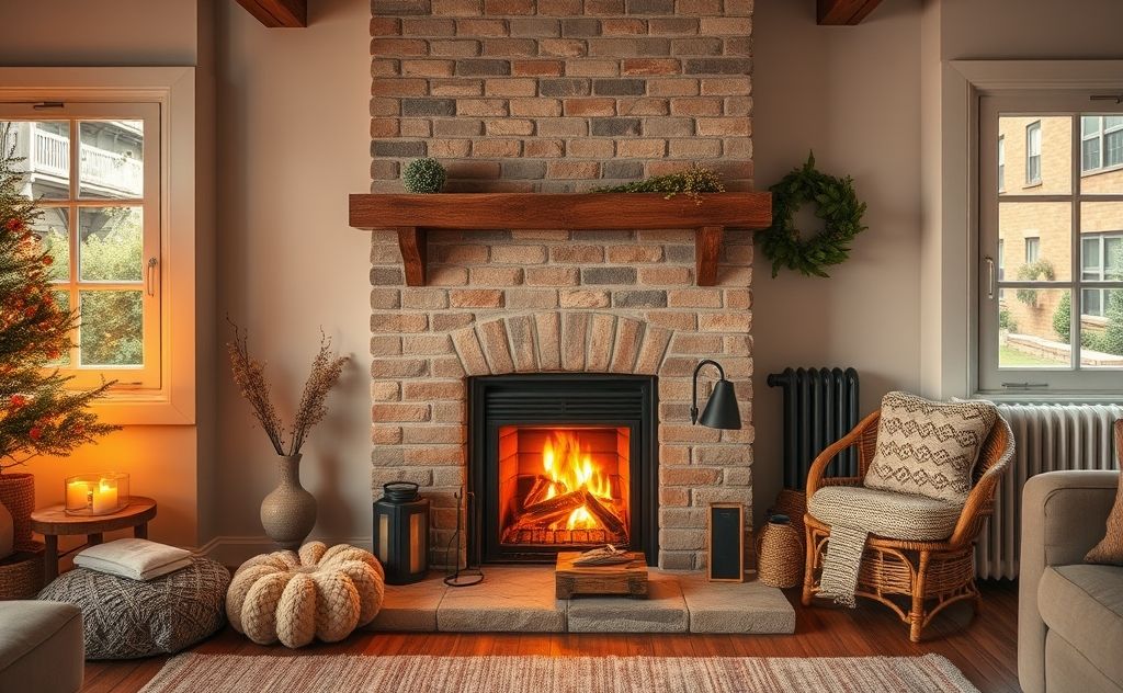 A cozy home with a warm fireplace surrounded by heating system elements