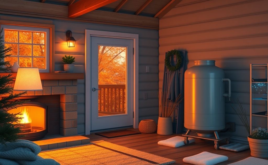A cozy home with a warm glow and a heating oil tank nearby.