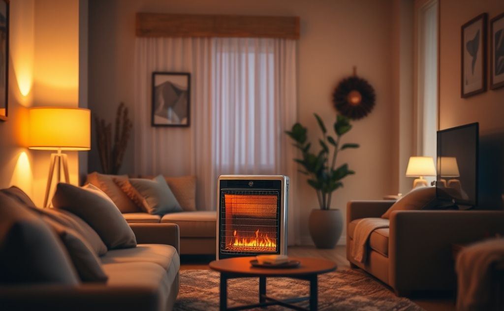 A cozy indoor setting featuring a modern space heater and warm ambiance.
