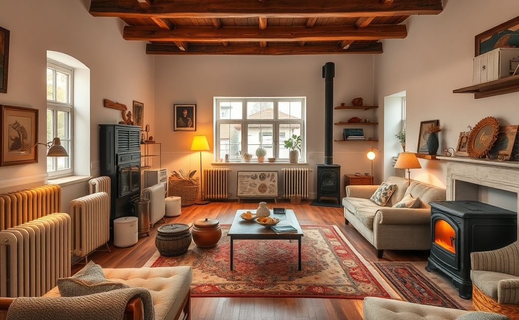 A cozy large room with various heater types displayed.
