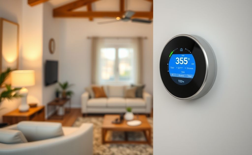 A cozy living room with a thermostat displaying a comfortable temperature.