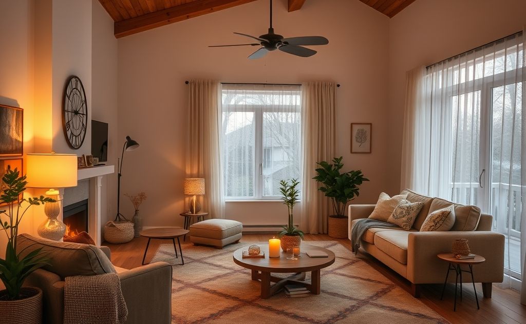 A cozy living room with a thermostat set to 68°F and warm lighting.